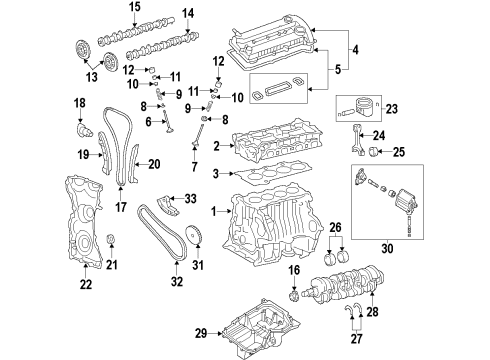 2015 Ford Focus Engine Parts, Mounts, Cylinder Head & Valves, Camshaft & Timing, Variable Valve Timing, Oil Cooler, Oil Pan, Oil Pump, Adapter Housing, Balance Shafts, Crankshaft & Bearings, Pistons, Rings & Bearings Diagram