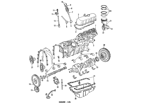 1991 Ford Aerostar Engine Parts, Mounts, Cylinder Head & Valves, Camshaft & Timing, Oil Pan, Oil Pump, Crankshaft & Bearings, Pistons, Rings & Bearings Diagram