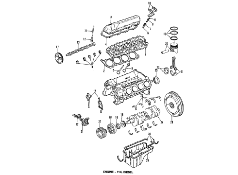 1992 Ford E-350 Econoline Club Wagon Engine Parts, Mounts, Cylinder Head & Valves, Camshaft & Timing, Oil Pan, Oil Pump, Crankshaft & Bearings, Pistons, Rings & Bearings Diagram
