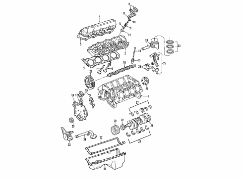 2001 Ford F-350 Super Duty Engine Parts, Mounts, Cylinder Head & Valves, Camshaft & Timing, Oil Cooler, Oil Pan, Oil Pump, Crankshaft & Bearings, Pistons, Rings & Bearings Diagram