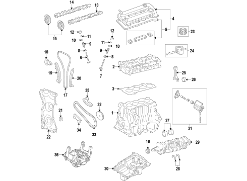 2015 Ford Taurus Engine Parts, Mounts, Cylinder Head & Valves, Camshaft & Timing, Variable Valve Timing, Oil Cooler, Oil Pan, Oil Pump, Adapter Housing, Crankshaft & Bearings, Pistons, Rings & Bearings Diagram