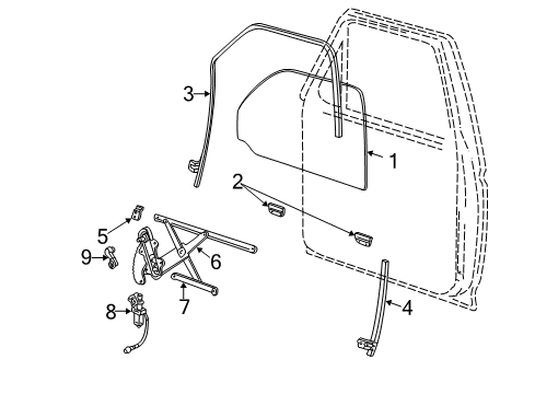 1999 Ford Explorer Front Door - Glass & Hardware Diagram