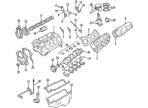 2000 Mercury Mountaineer Engine Parts, Mounts, Cylinder Head & Valves, Camshaft & Timing, Oil Pan, Oil Pump, Balance Shafts, Crankshaft & Bearings, Pistons, Rings & Bearings Diagram