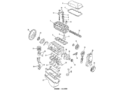 1993 Mercury Tracer Engine Parts, Mounts, Cylinder Head & Valves, Camshaft & Timing, Oil Pan, Oil Pump, Crankshaft & Bearings, Pistons, Rings & Bearings Diagram