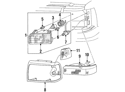 1993 Ford F-250 Headlamp Components, Park & Side Marker Lamps Diagram
