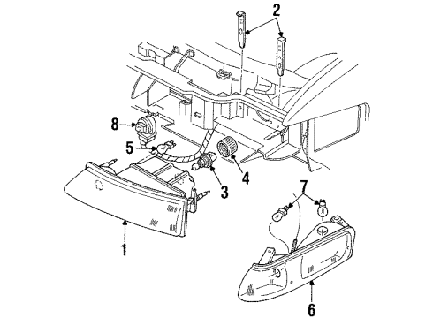 1995 Lincoln Continental Headlamp Components, Corner & Side Marker Lamps Diagram