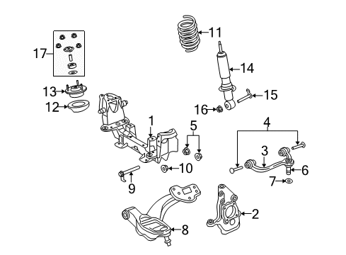 2006 Ford Crown Victoria Front Suspension Components, Lower Control Arm, Upper Control Arm, Stabilizer Bar Diagram