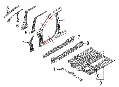 2012 Lincoln MKT Aperture Panel, Center Pillar & Rocker, Floor, Hinge Pillar Diagram