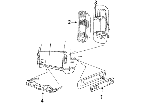 1990 Ford E-250 Econoline Club Wagon Rear Combination Lamps, License Lamps, Side Marker Lamps Diagram
