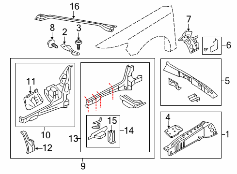2012 Lincoln MKS Upper Reinforcement, Front Passenger Side Diagram for 8G1Z-16B044-B